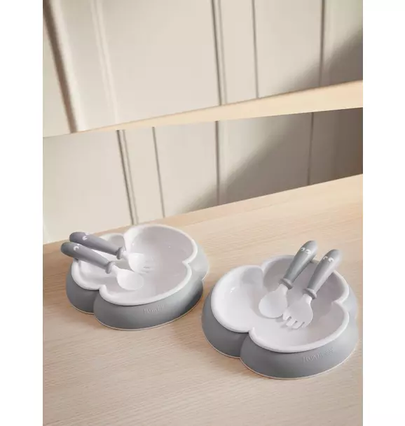 Baby Plate, Spoon and Fork, 2 Sets, Gray