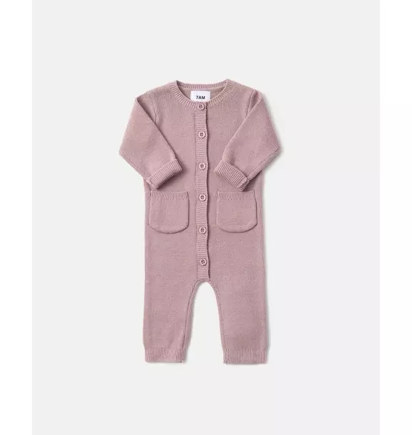 Long Sleeve Ribbed Romper - Ash Rose