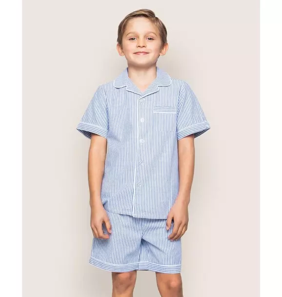 Kid's Twill Pajama Short Set in French Blue Seersucker