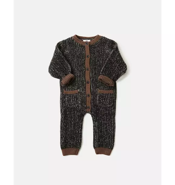 Long Sleeve Chunky Romper - Black Melange/Brown