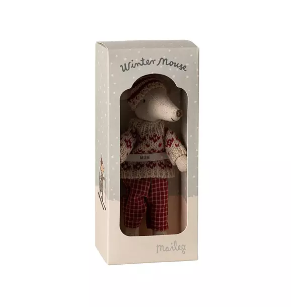 Winter mouse with ski set, Mum - Red