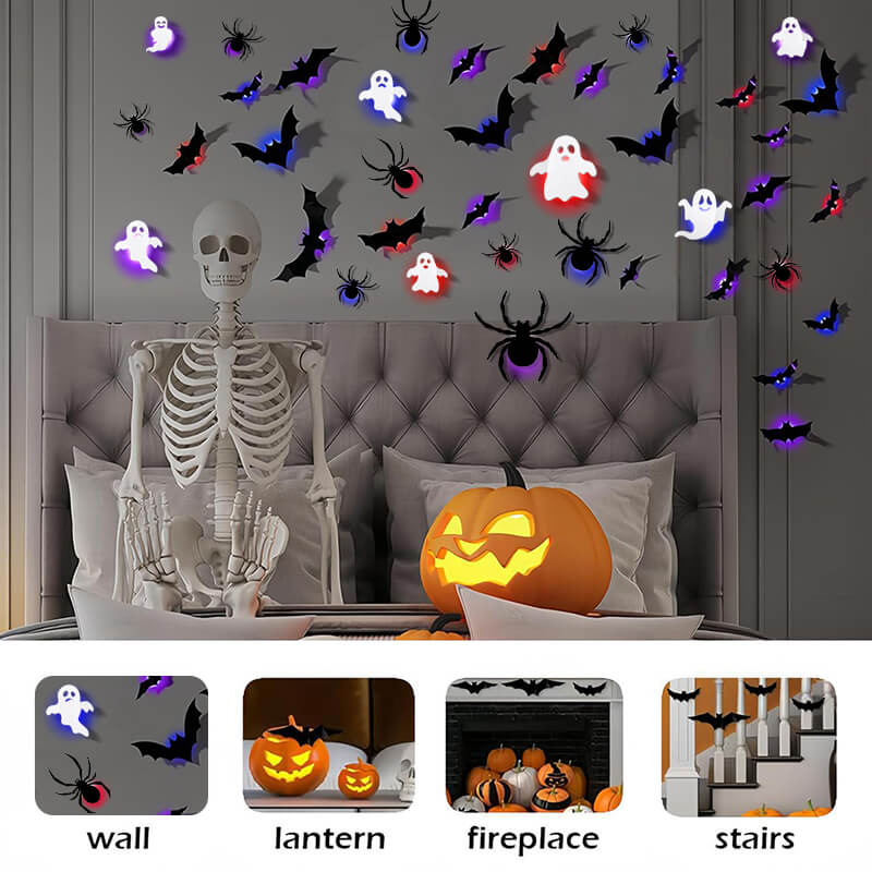 104PCS Halloween 3D Lighted Bats / Spider / Ghost Wall Decors