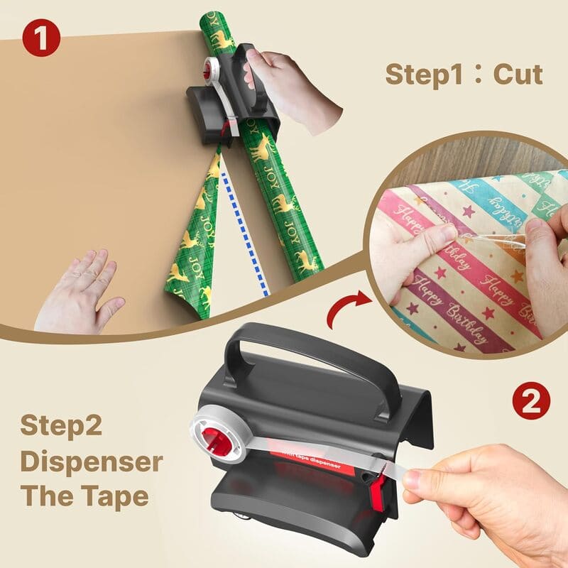 2 in 1 Wheel Wrapping Paper Cutter & Tape Dispenser Set