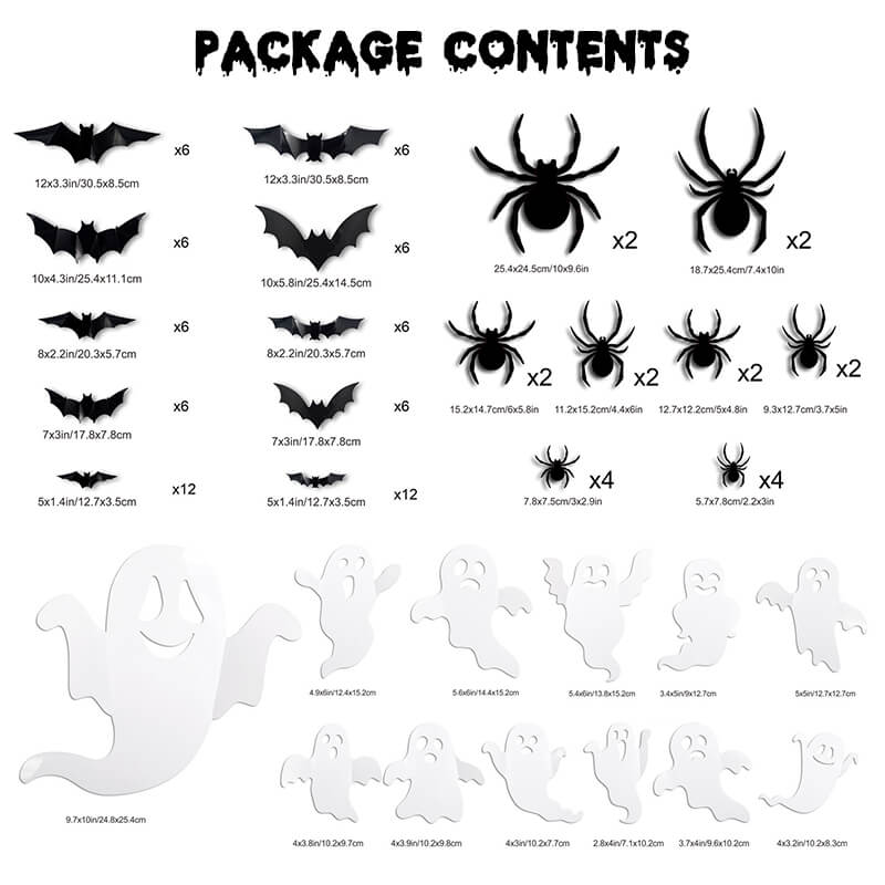 104PCS Halloween 3D Lighted Bats / Spider / Ghost Wall Decors