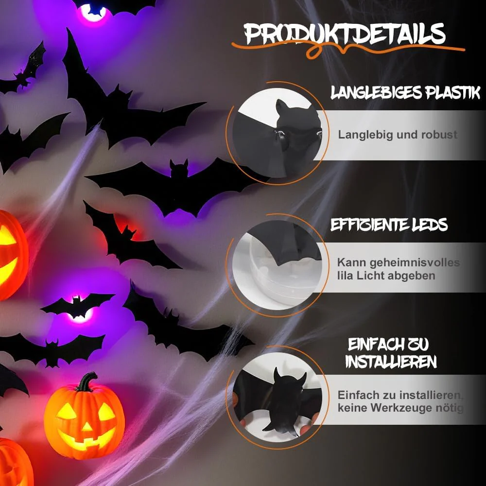 104PCS Halloween 3D Lighted Bats / Spider / Ghost Wall Decors