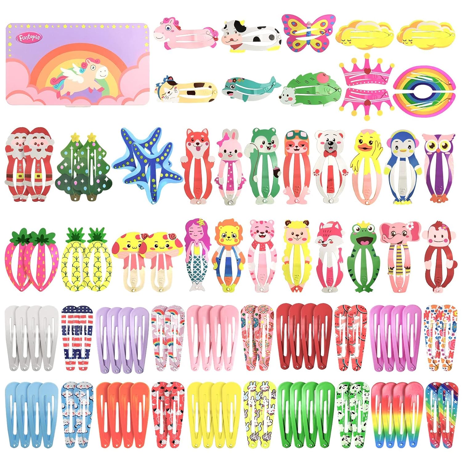 Hair Clips for Girls, Dependingi 100 Pcs Cute Snap Hair Clips Barrettes for Women Teens Girls Kids, Colorful No Slips Metal Fruit Animal Hair Clips for Birthday Party