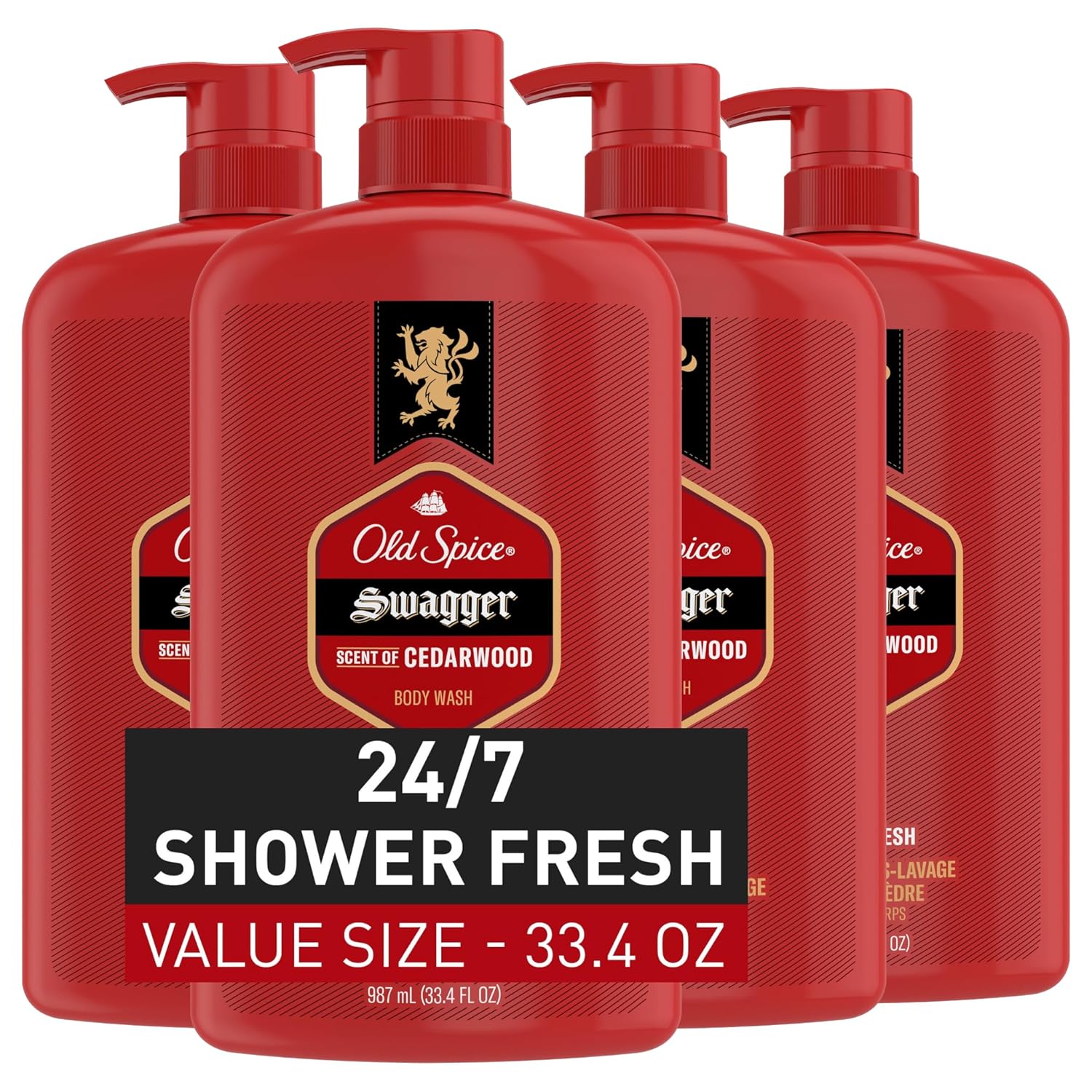 Old Spice Body Wash for Men, 24/7 Shower Fresh with Lasting Scent, Red Collection, Swagger with Cedarwood Scent, 24 fl oz (Pack of 2)