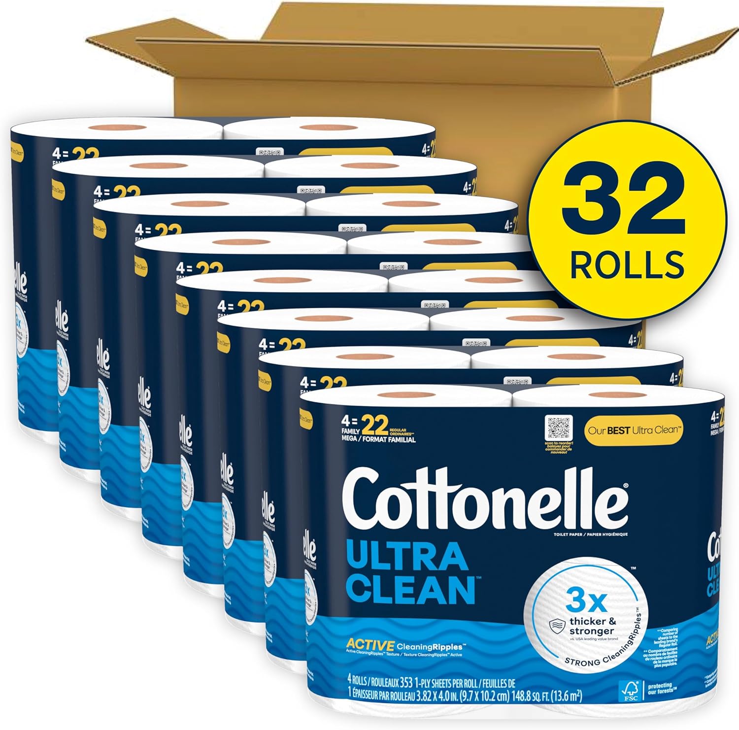 Cottonelle Ultra Clean Toilet Paper with Active CleaningRipples Texture, 24 Family Mega Rolls (24 Family Mega Rolls = 132 Regular Rolls) (4 Packs of 6), 353 Sheets Per Roll, Packaging May Vary