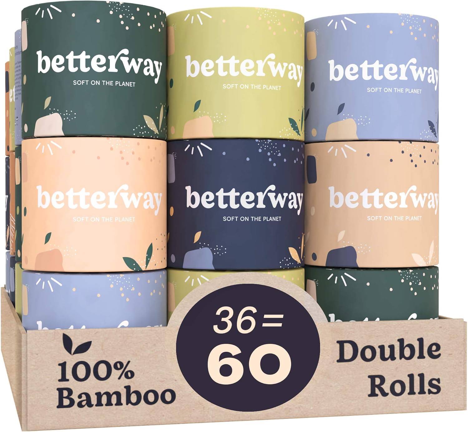 Betterway Bamboo Toilet Paper 3 Ply - Sustainable Toilet Tissue - 12 Double Rolls & 360 Sheets Per Roll - Septic Safe - Organic, Plastic Free - FSC Certified