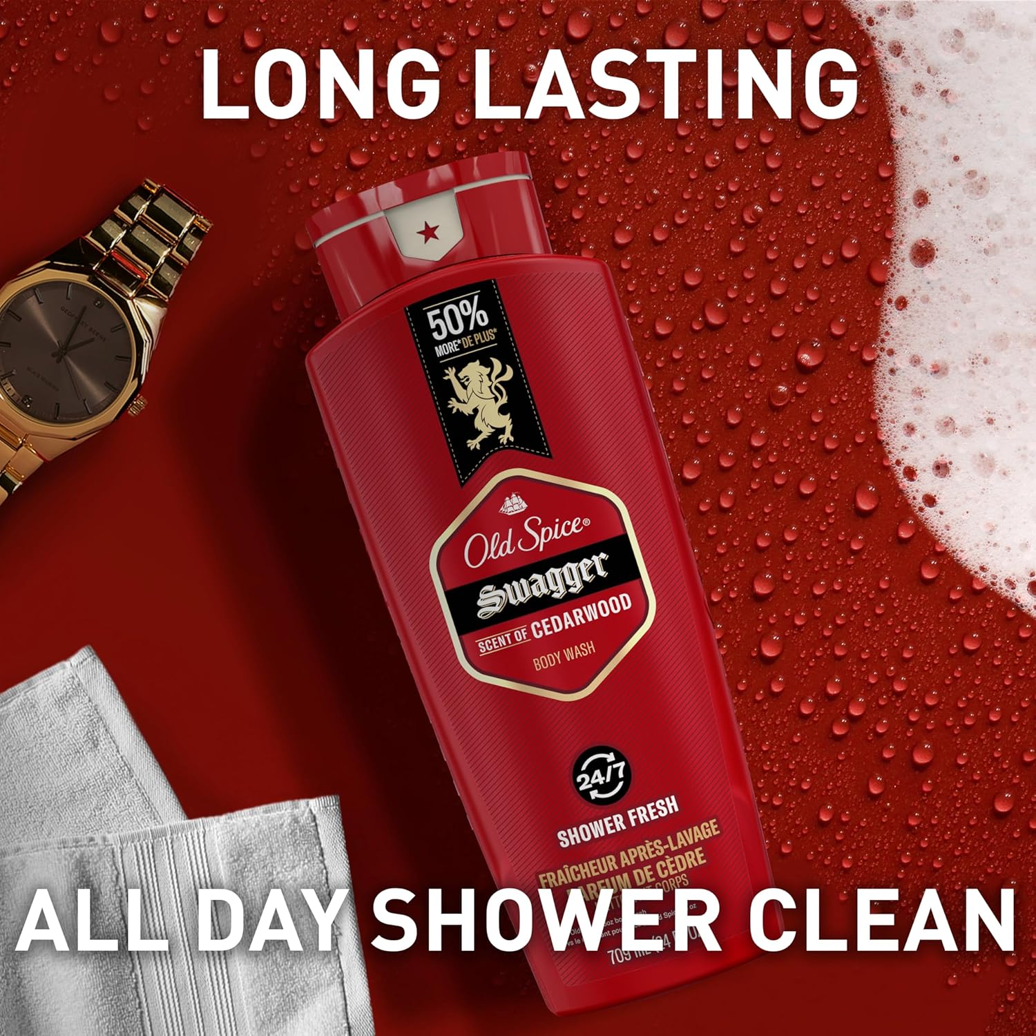 Old Spice Body Wash for Men, 24/7 Shower Fresh with Lasting Scent, Red Collection, Swagger with Cedarwood Scent, 24 fl oz (Pack of 2)