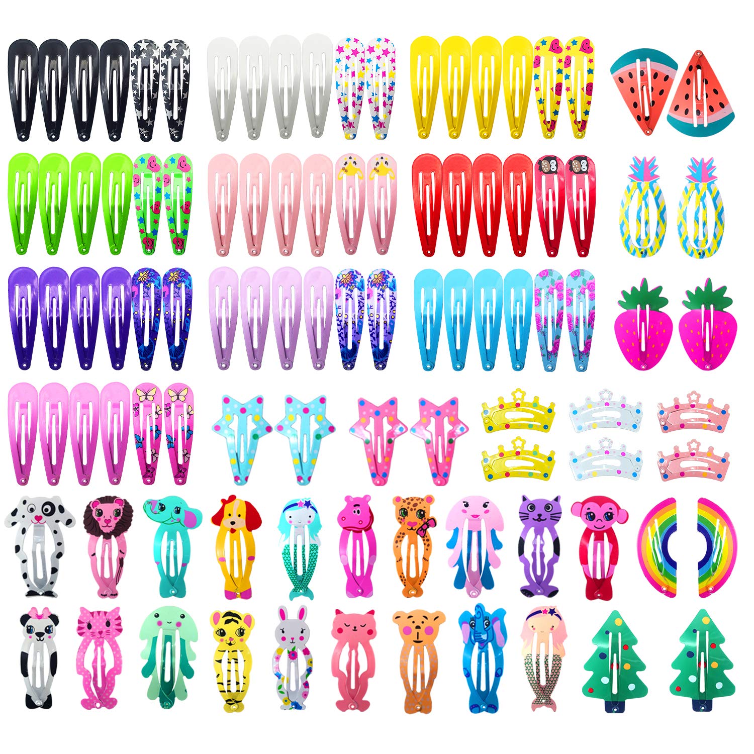 Dependingi Hair Clips for Girls,100 Pcs No Slip Metal Snap, Barrettes for Kids Teens Women, Cute Candy Color Cartoon Design Hair Pins (Animals Fruits Crowns Stars)