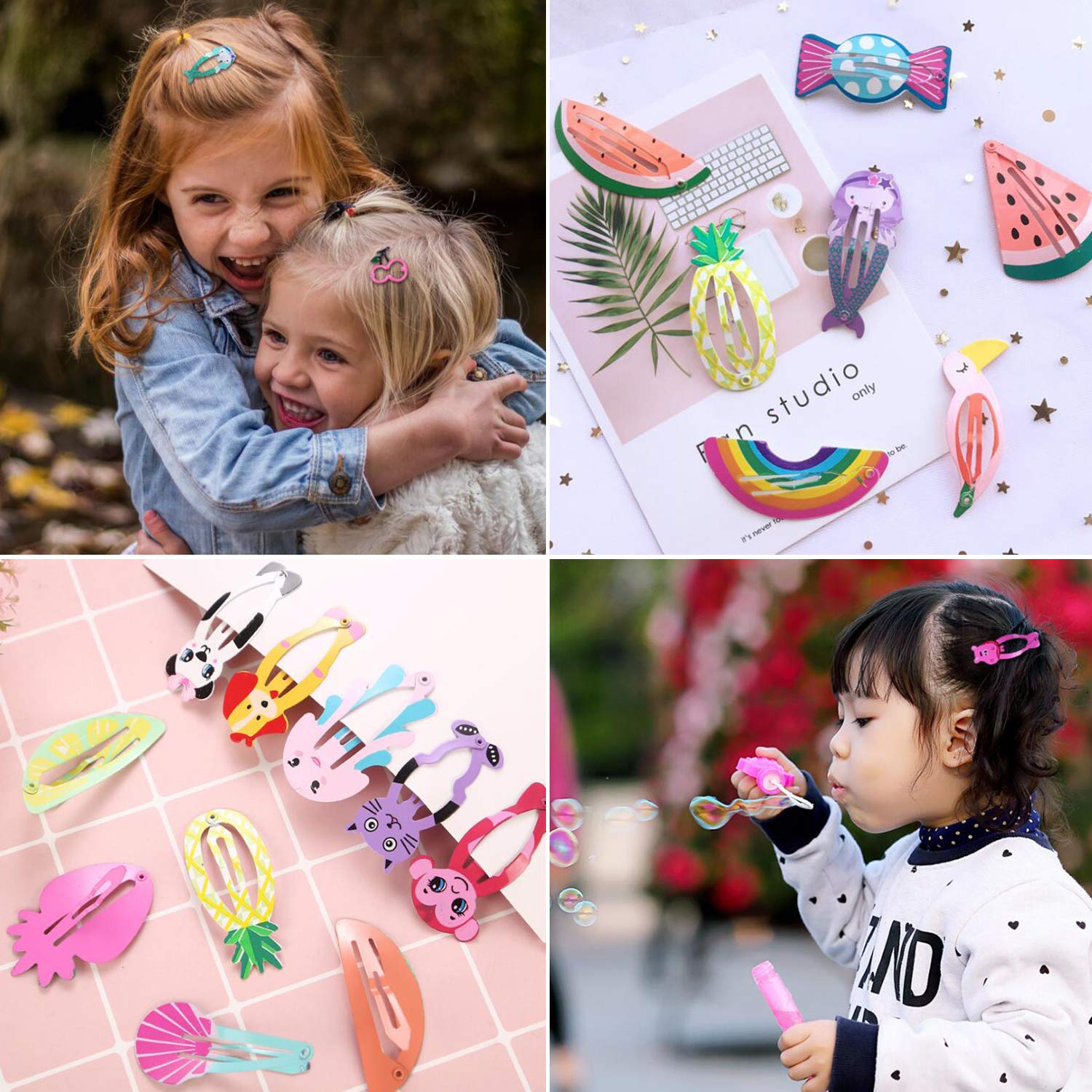 Girls Hair Clips Barrettes, Dependingi 80 Pcs Lovely Animal Fruit Printed Pattern Metal Snap Hair Clips Cartoon Design Hairpins for Kids Teens Pets