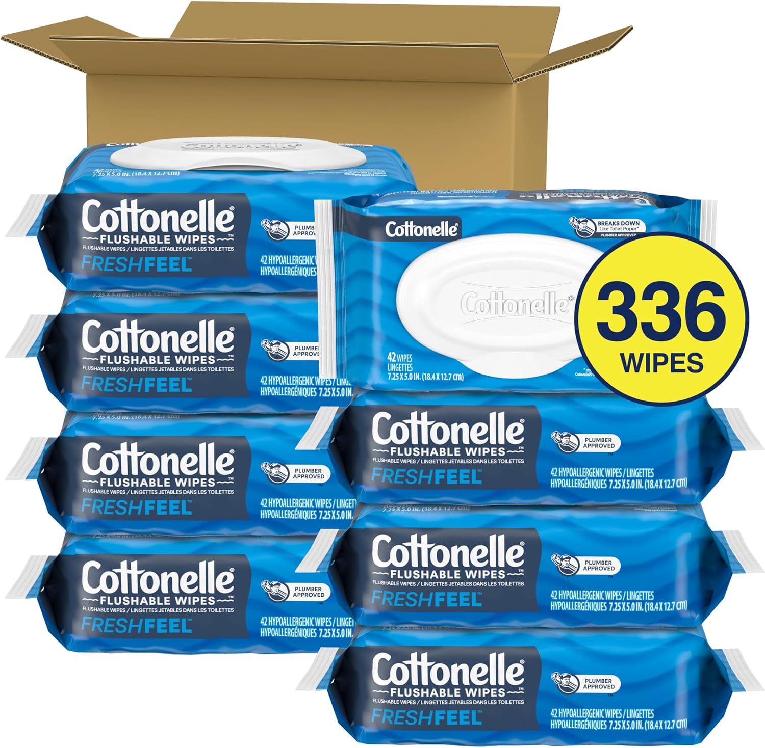 Cottonelle Fresh Feel Flushable Wet Wipes, Adult Wet Wipes, 8 Flip-Top Packs, 42 Wipes Per Pack (336 Total Wipes), Packaging May Vary