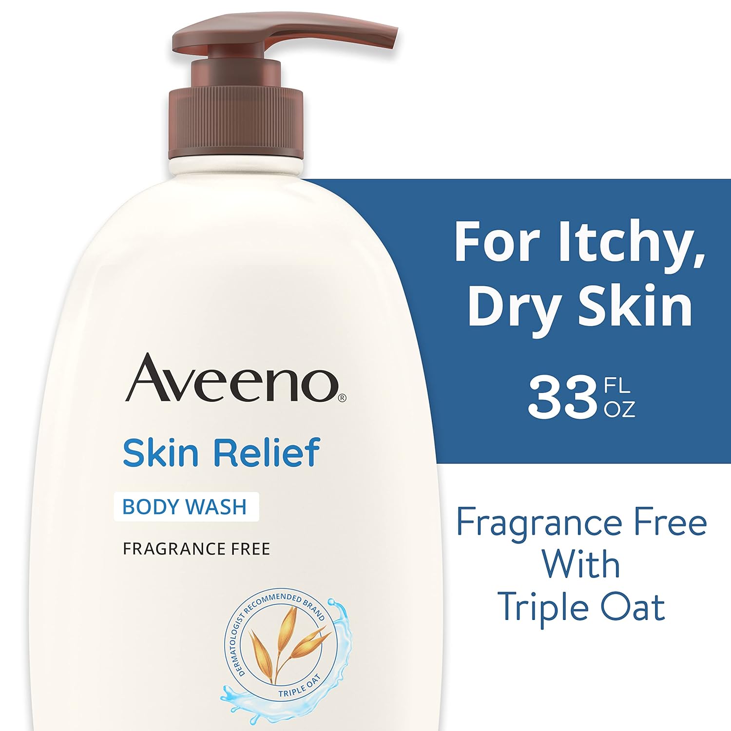 Aveeno Skin Relief Body Wash with Triple Oat Formula Soothes Itchy and Dry Skin, Fragrance Free Body Wash for Sensitive Skin, 33 FL OZ