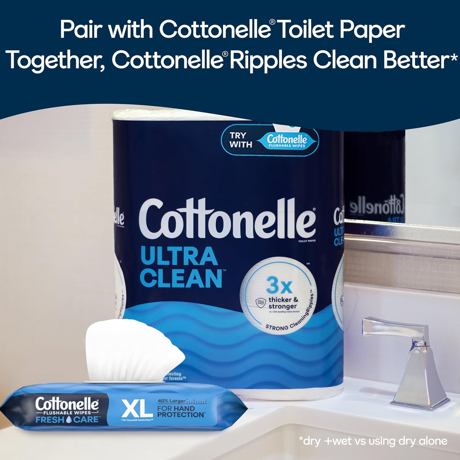 Cottonelle XL Flushable Wet Wipes, Adult Wipes Large, 8 Flip-Top Packs, 45 Wipes Per Pack (360 Total Wipes), Packaging May Vary