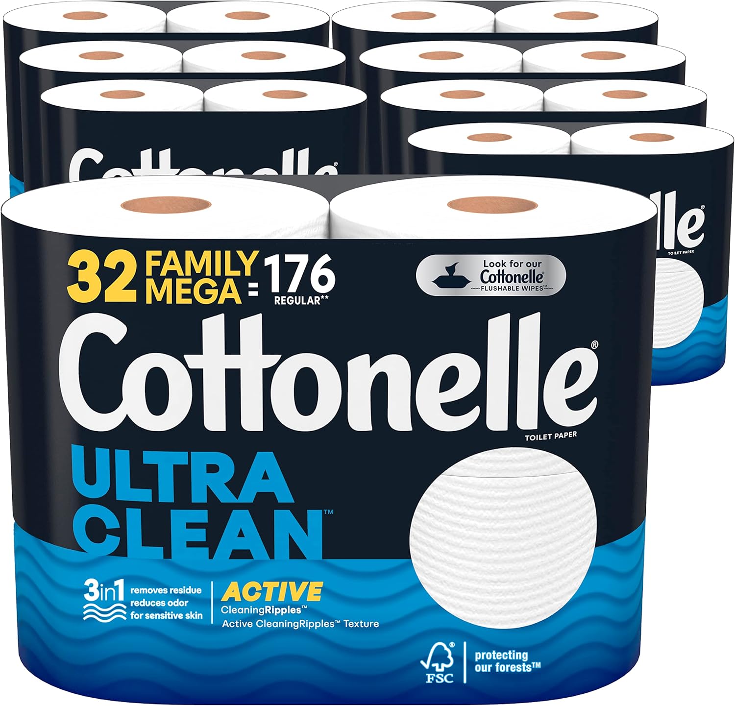 Cottonelle Ultra Clean Toilet Paper with Active CleaningRipples Texture, 24 Family Mega Rolls (24 Family Mega Rolls = 132 Regular Rolls) (4 Packs of 6), 353 Sheets Per Roll, Packaging May Vary
