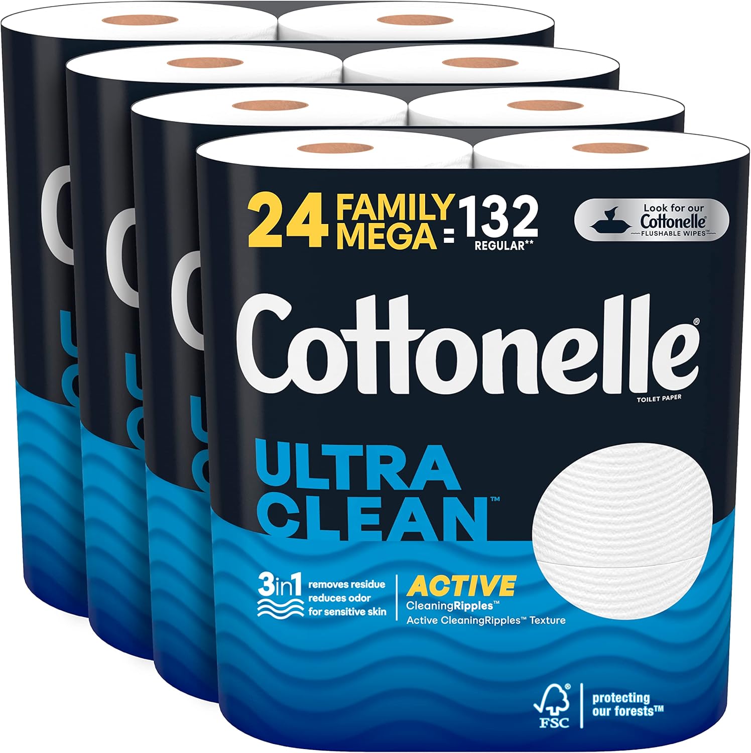 Cottonelle Ultra Clean Toilet Paper with Active CleaningRipples Texture, 24 Family Mega Rolls (24 Family Mega Rolls = 132 Regular Rolls) (4 Packs of 6), 353 Sheets Per Roll, Packaging May Vary