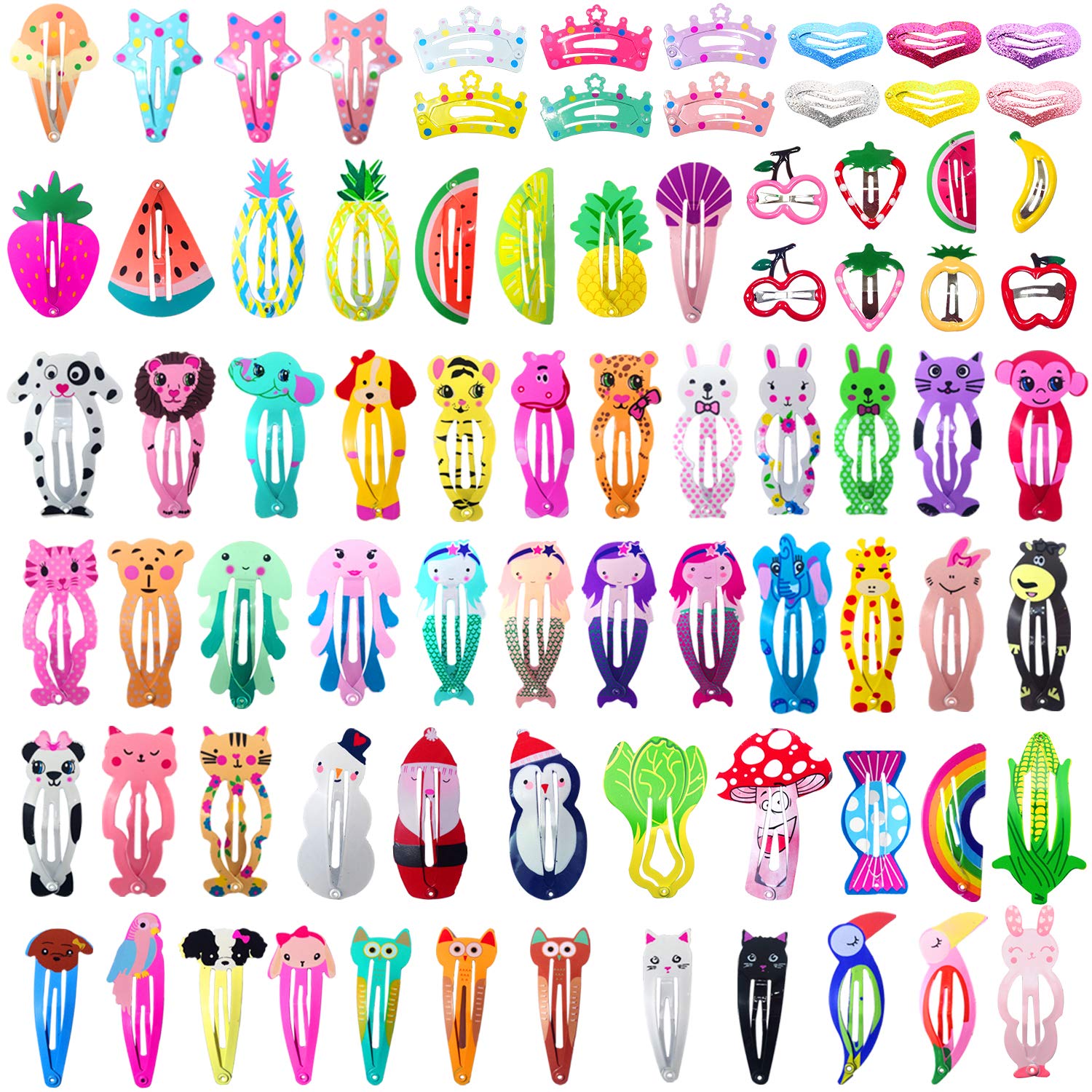 Girls Hair Clips Barrettes, Dependingi 80 Pcs Lovely Animal Fruit Printed Pattern Metal Snap Hair Clips Cartoon Design Hairpins for Kids Teens Pets