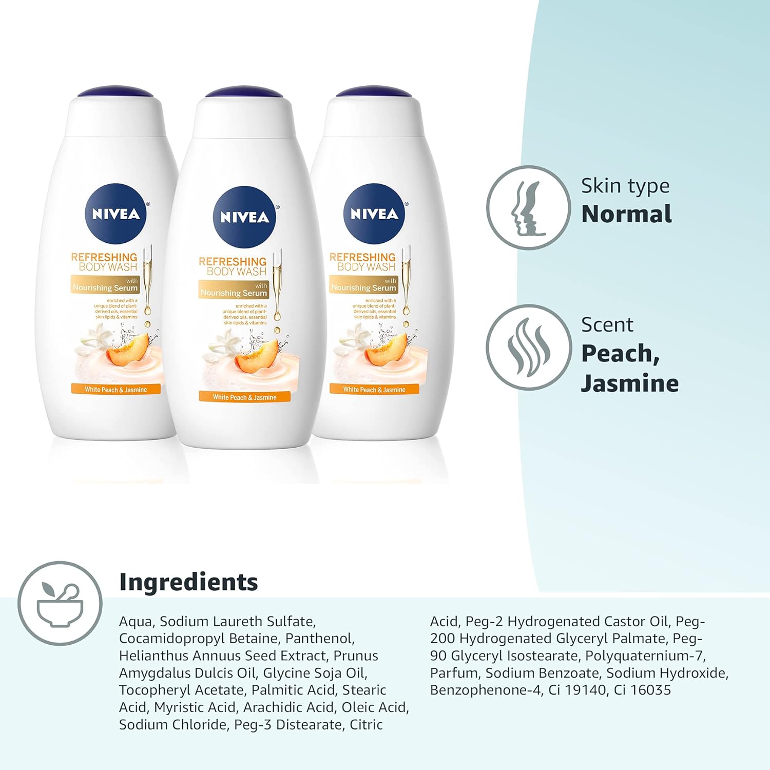 NIVEA Refreshing White Peach and Jasmine Body Wash, Scented Body Wash with Nourishing Serum, Plant-Derived Oils, Essential Skin Lipids and Vitamins, 20 Fl Oz Bottle