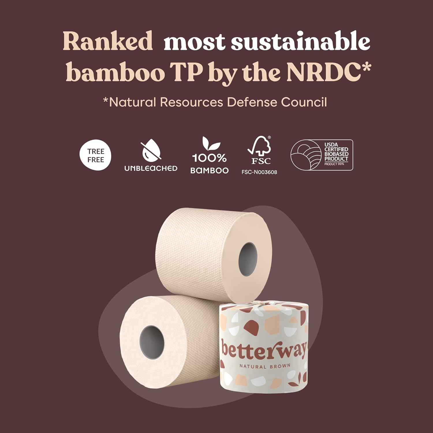 Betterway Bamboo Toilet Paper 3 Ply - Sustainable Toilet Tissue - 12 Double Rolls & 360 Sheets Per Roll - Septic Safe - Organic, Plastic Free - FSC Certified