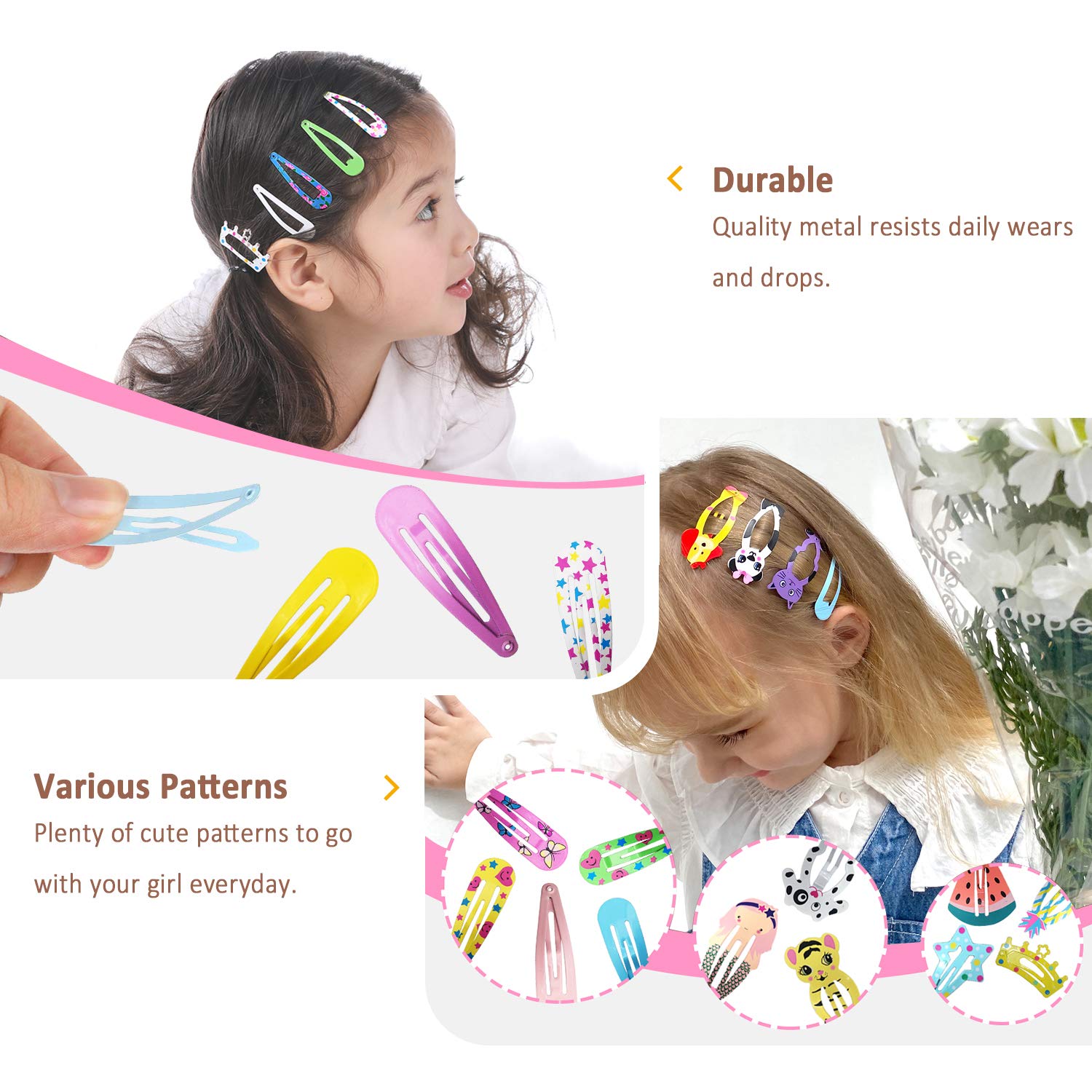 Dependingi Hair Clips for Girls,100 Pcs No Slip Metal Snap, Barrettes for Kids Teens Women, Cute Candy Color Cartoon Design Hair Pins (Animals Fruits Crowns Stars)