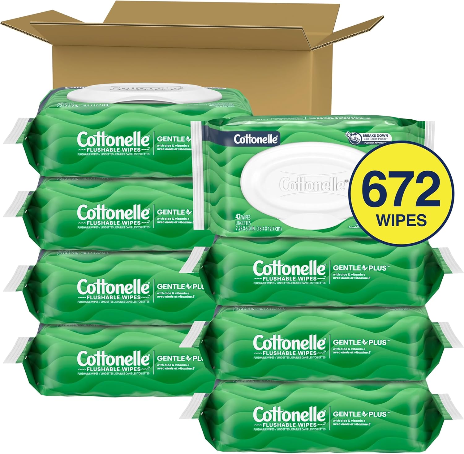 Cottonelle GentlePlus Flushable Wet Wipes with Aloe & Vitamin E, 6 Flip-Top Packs, 42 Wipes Per Pack (252 Total Wipes), Packaging May Vary