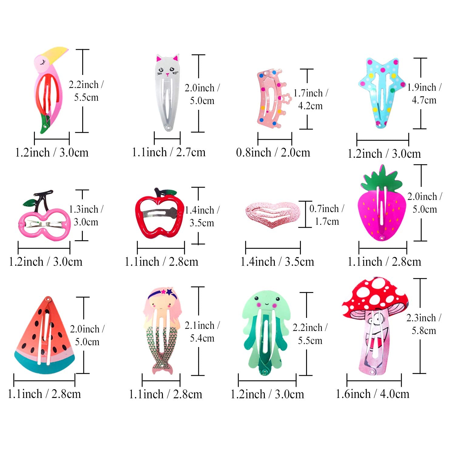 Girls Hair Clips Barrettes, Dependingi 80 Pcs Lovely Animal Fruit Printed Pattern Metal Snap Hair Clips Cartoon Design Hairpins for Kids Teens Pets