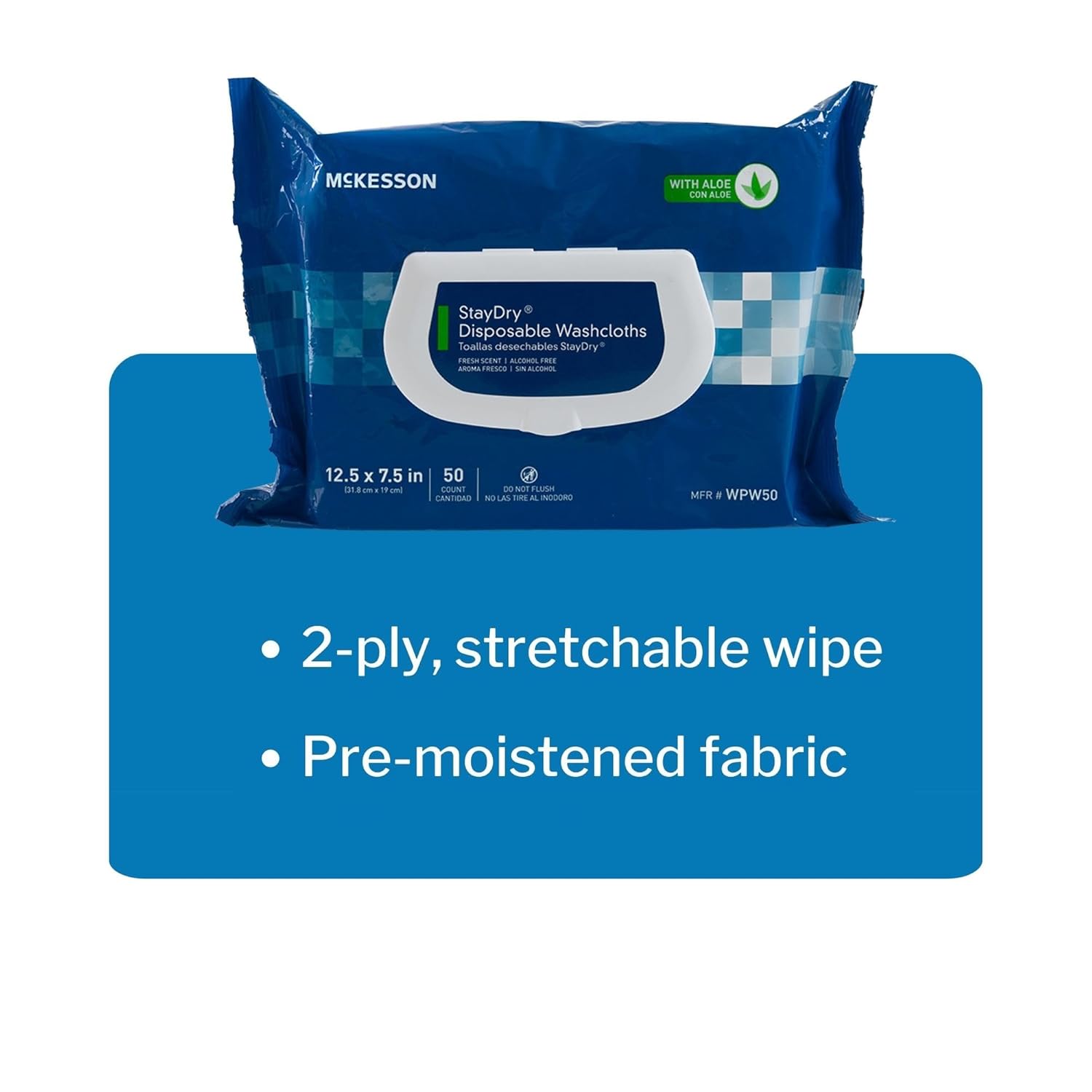 McKesson StayDry Disposable Wipe 12 Pack, 600 Washcloths - Large Adult Body and Incontinence Washcloths with Aloe and Vitamin E, Alcohol-Free, 50 Wipes Per Pack