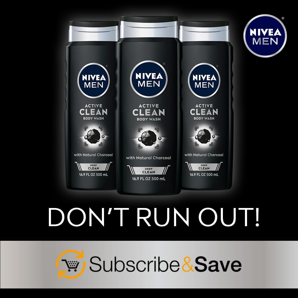 Nivea Men DEEP Active Clean Charcoal Body Wash, Exfoliating Body Wash for Men with Natural Charcoal, 3 Pack of 16.9 Fl Oz Bottles, Holiday Gifts for Men