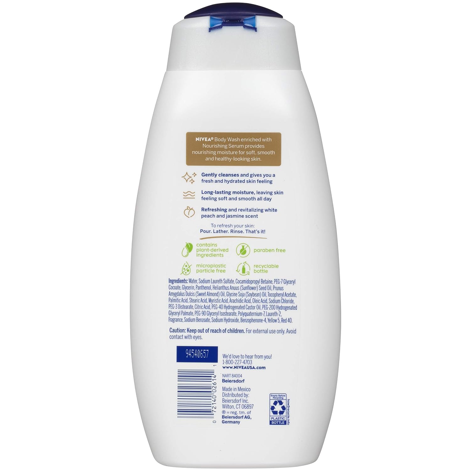 NIVEA Refreshing White Peach and Jasmine Body Wash, Scented Body Wash with Nourishing Serum, Plant-Derived Oils, Essential Skin Lipids and Vitamins, 20 Fl Oz Bottle