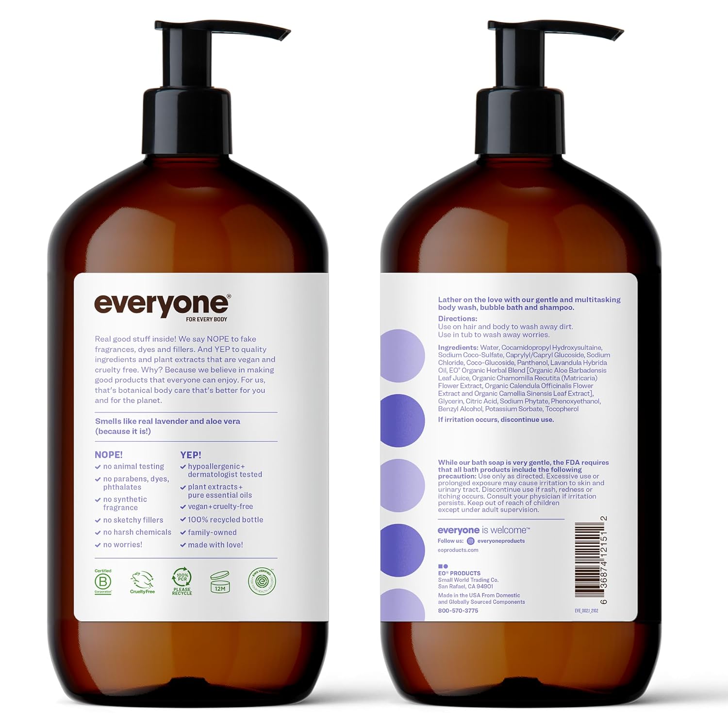 Everyone 3-in-1 Soap, Body Wash, Bubble Bath, Shampoo, 32 Ounce (Pack of 2), Lavender and Aloe, Coconut Cleanser with Organic Plant Extracts and Pure Essential Oils (Packaging May Vary)