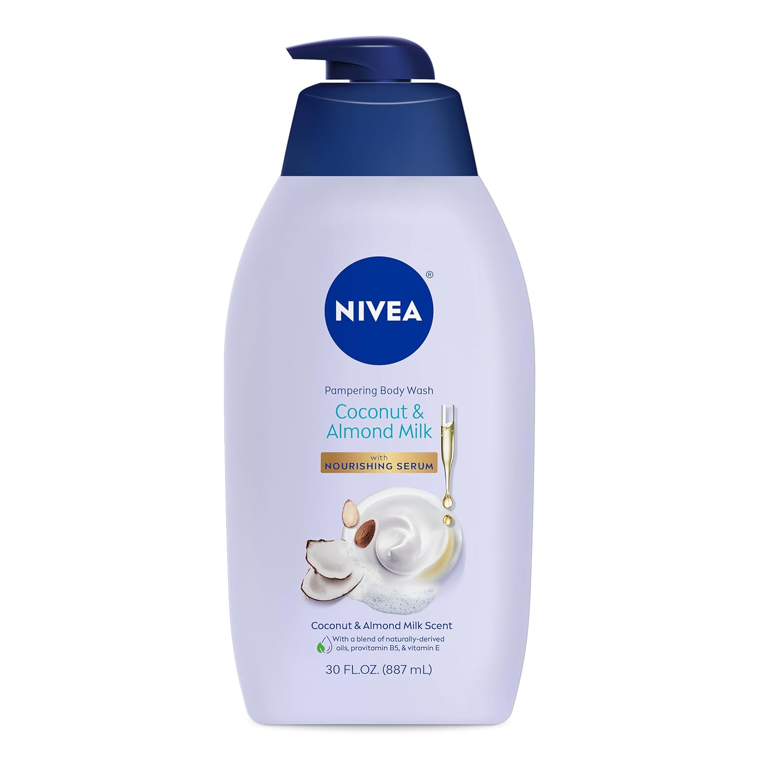 NIVEA Coconut and Almond Milk Pampering Body Wash, Moisturizing Body Wash with Nourishing Serum, Plant-Derived Oils, Essential Skin Lipids and Vitamins, 20 Fl Oz Bottle