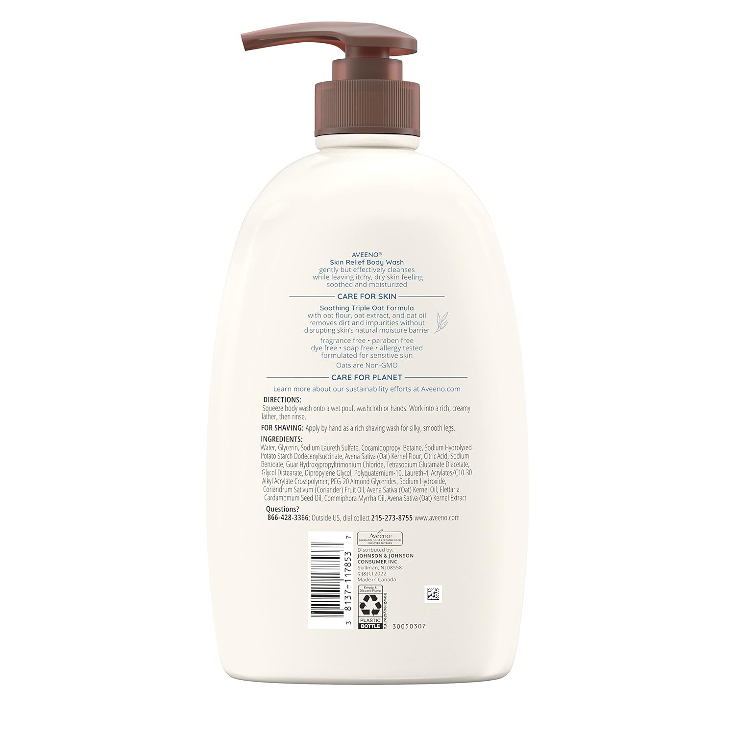 Aveeno Skin Relief Body Wash with Triple Oat Formula Soothes Itchy and Dry Skin, Fragrance Free Body Wash for Sensitive Skin, 33 FL OZ