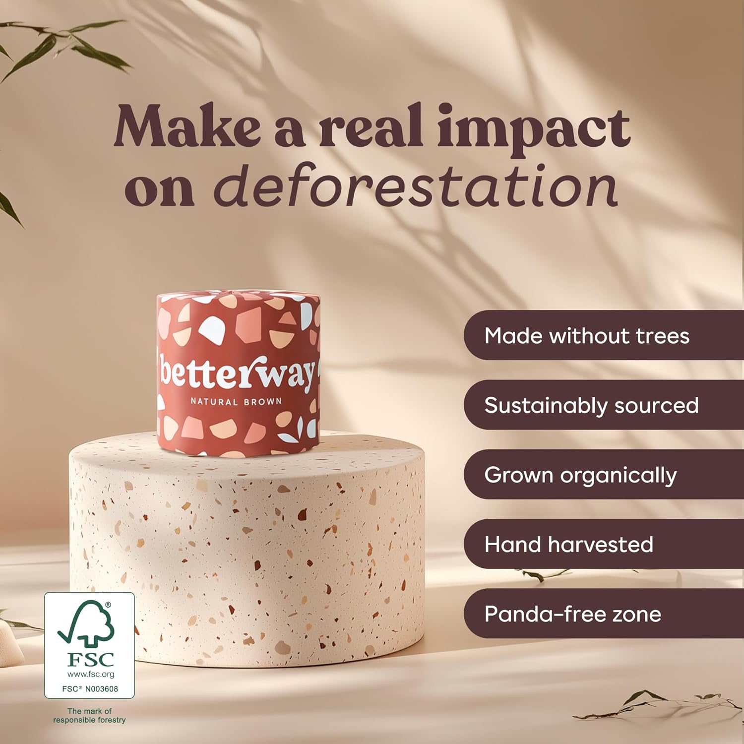 Betterway Bamboo Toilet Paper 3 Ply - Sustainable Toilet Tissue - 12 Double Rolls & 360 Sheets Per Roll - Septic Safe - Organic, Plastic Free - FSC Certified
