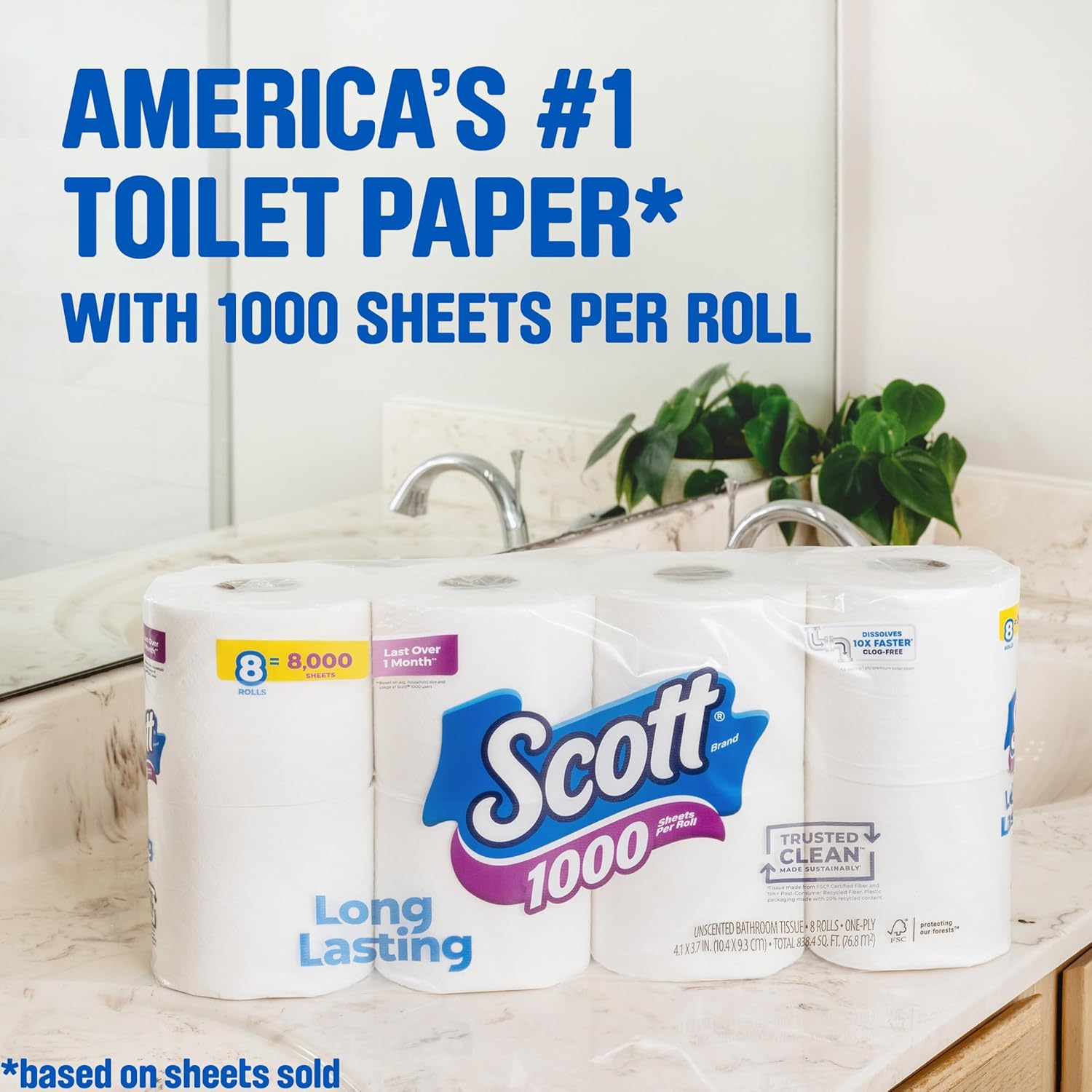 Scott 1000 Trusted Clean Toilet Paper, 32 Rolls, Septic-Safe, 1-Ply Toilet Tissue