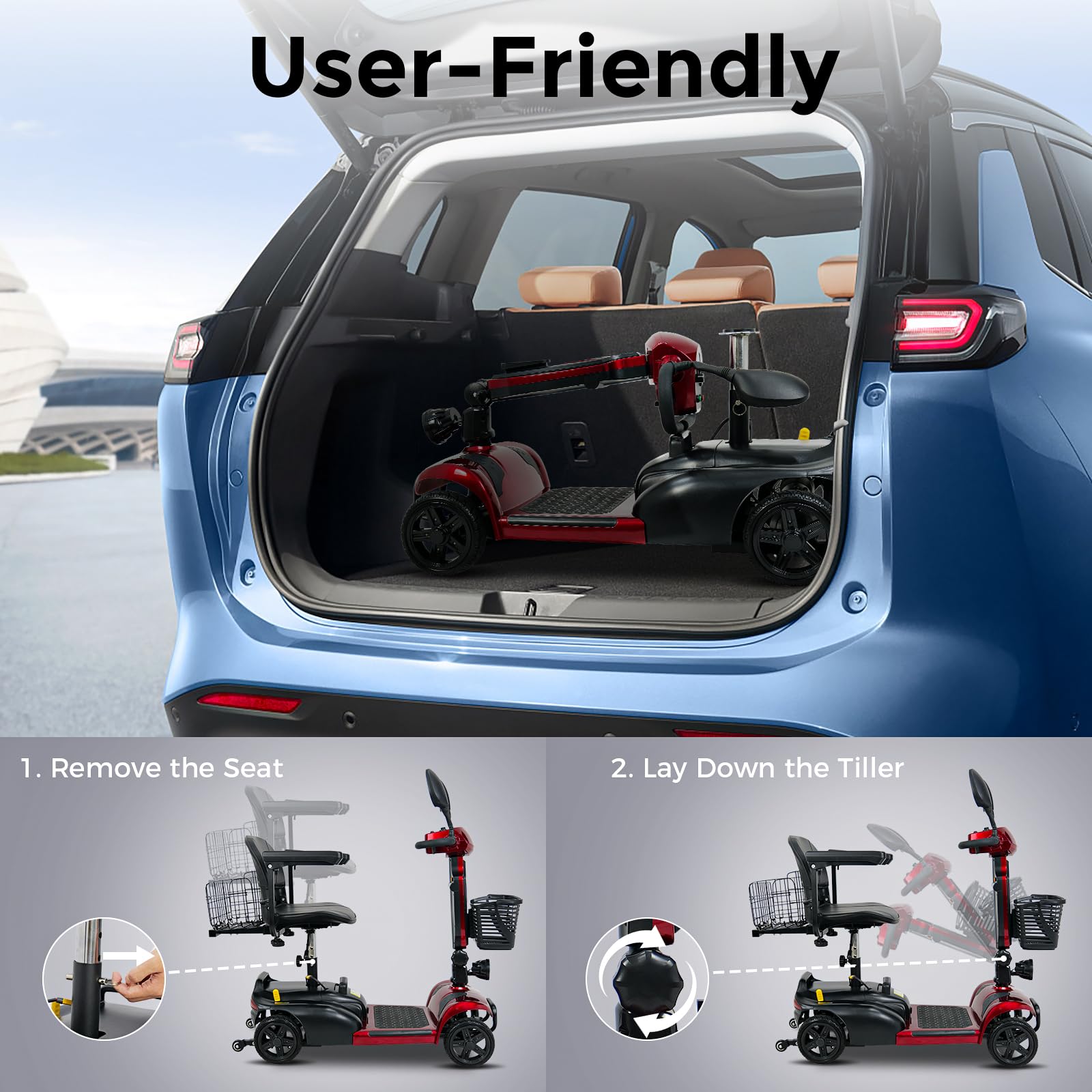 30 Miles Long Range 4 Wheel Electric Mobility Scooter with 350W Motor, Foldable Mobility Scooter for Adults/Seniors - 300 lb Capacity, 720Wh Lithium Battery, Dual Baskets