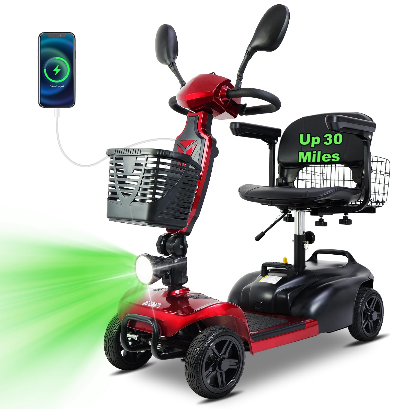 30 Miles Long Range 4 Wheel Electric Mobility Scooter with 350W Motor, Foldable Mobility Scooter for Adults/Seniors - 300 lb Capacity, 720Wh Lithium Battery, Dual Baskets