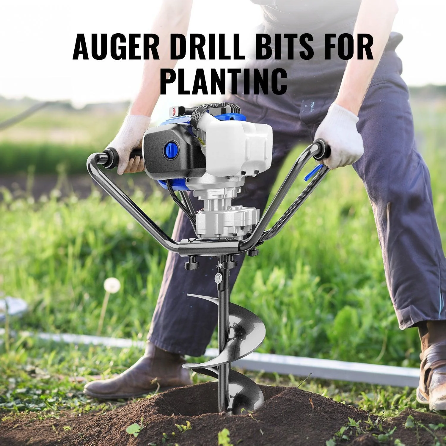 53cc 2-Cycle Post Hole Digger Gas Powered  & 53cc Garden Tiller Mini Cultivator Powerful Liftable Booster Rod Tilling Tool Combo Kit