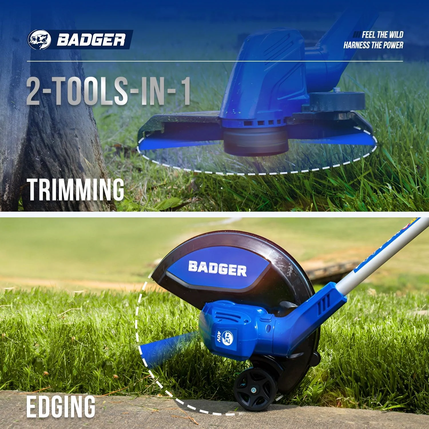Wild Badger 40V 2-in-1 Electric String Trimmer Edger with Auto Feed & 6500RPM Motor