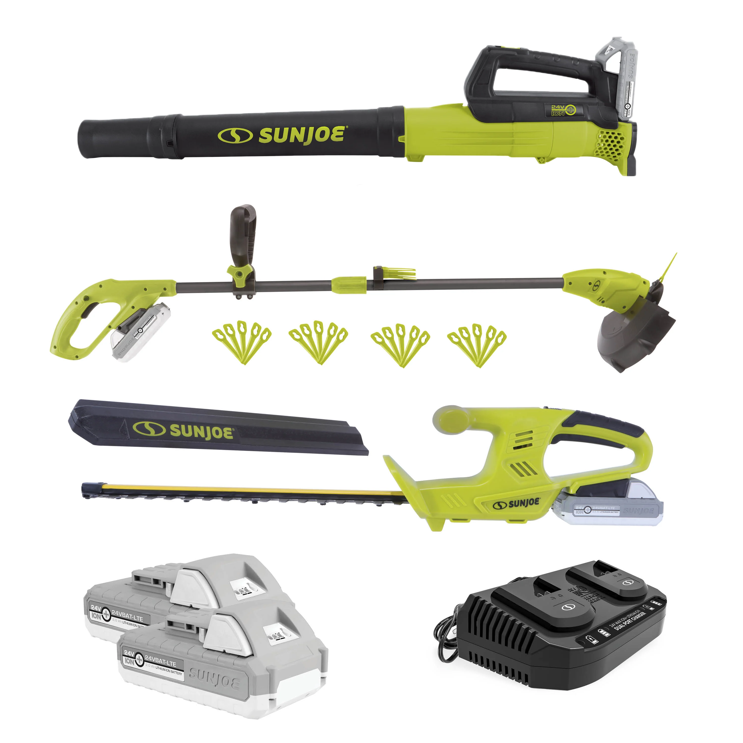 Sun Joe 24V-GT4MAX-LTE 24-Volt* IONMAX Cordless Garden Combo Kit | Leaf Blower | Grass Trimmer | Hedge Trimmer | W/ 2 x 2.0-Ah Batteries + Charger