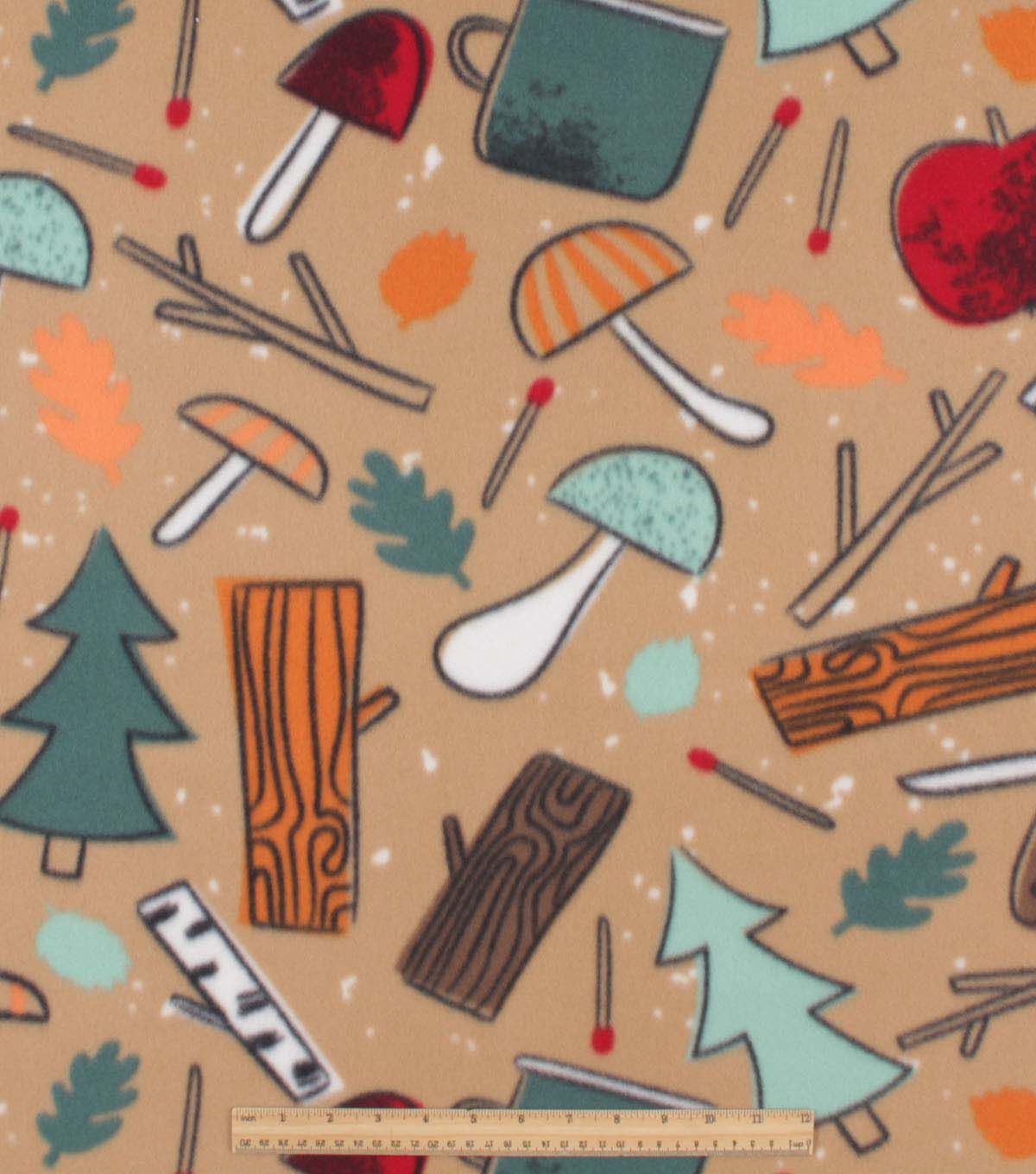 Nature Icons on Brown Blizzard Fleece Fabric