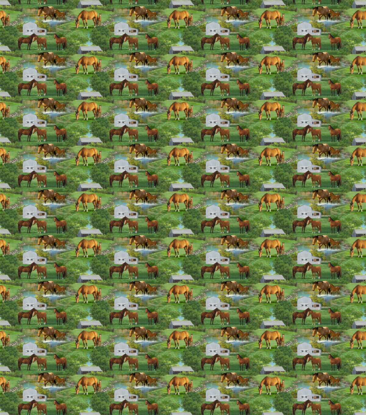 Horse Scenic on Green Novelty Cotton Fabric