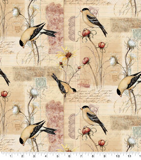 Yellow Goldfinch Thistle Patch Premium Cotton Fabric
