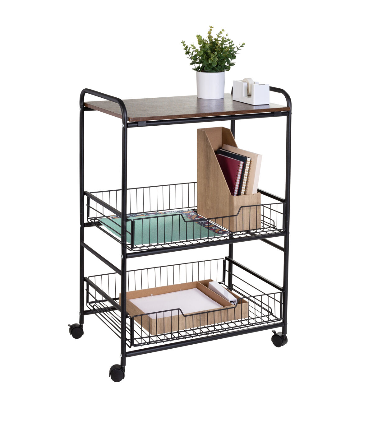 Honey Can Do 34 Black & Walnut 3 Tier Cart With Wood Shelf & Baskets