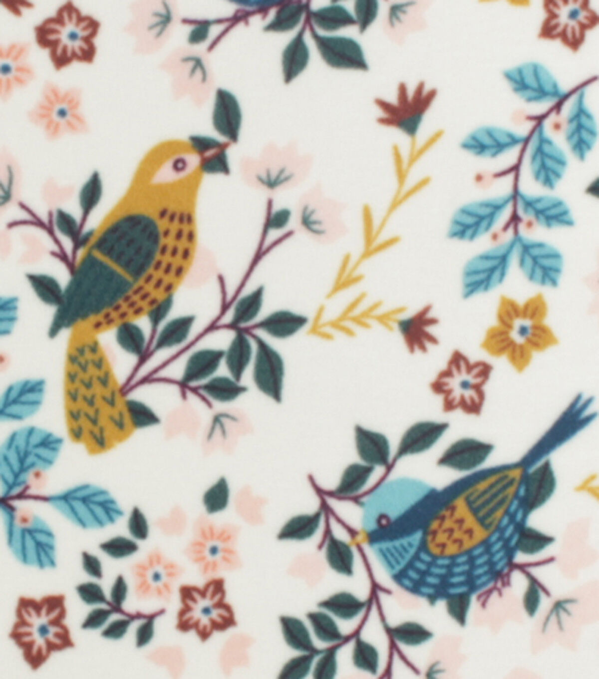 Birds & Floral on White Anti Pill Fleece Fabric
