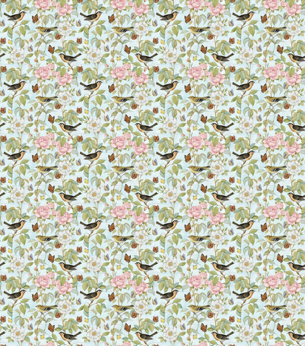 Susan Winget Camellia Birds & Butterflies on Blue Premium Cotton Fabric