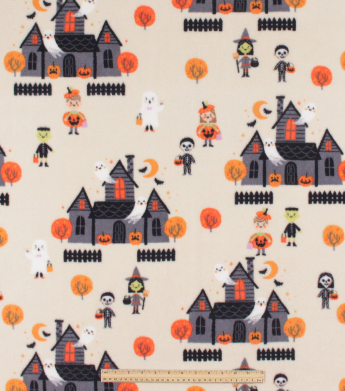 Trick or Treaters on White Anti Pill Fleece Fabric by POP!