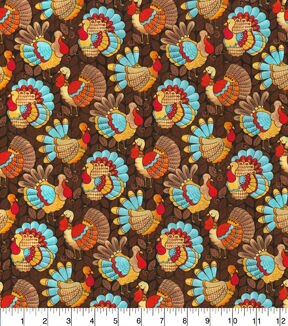 Fall Teal Turkeys on Brown Cotton Fabric