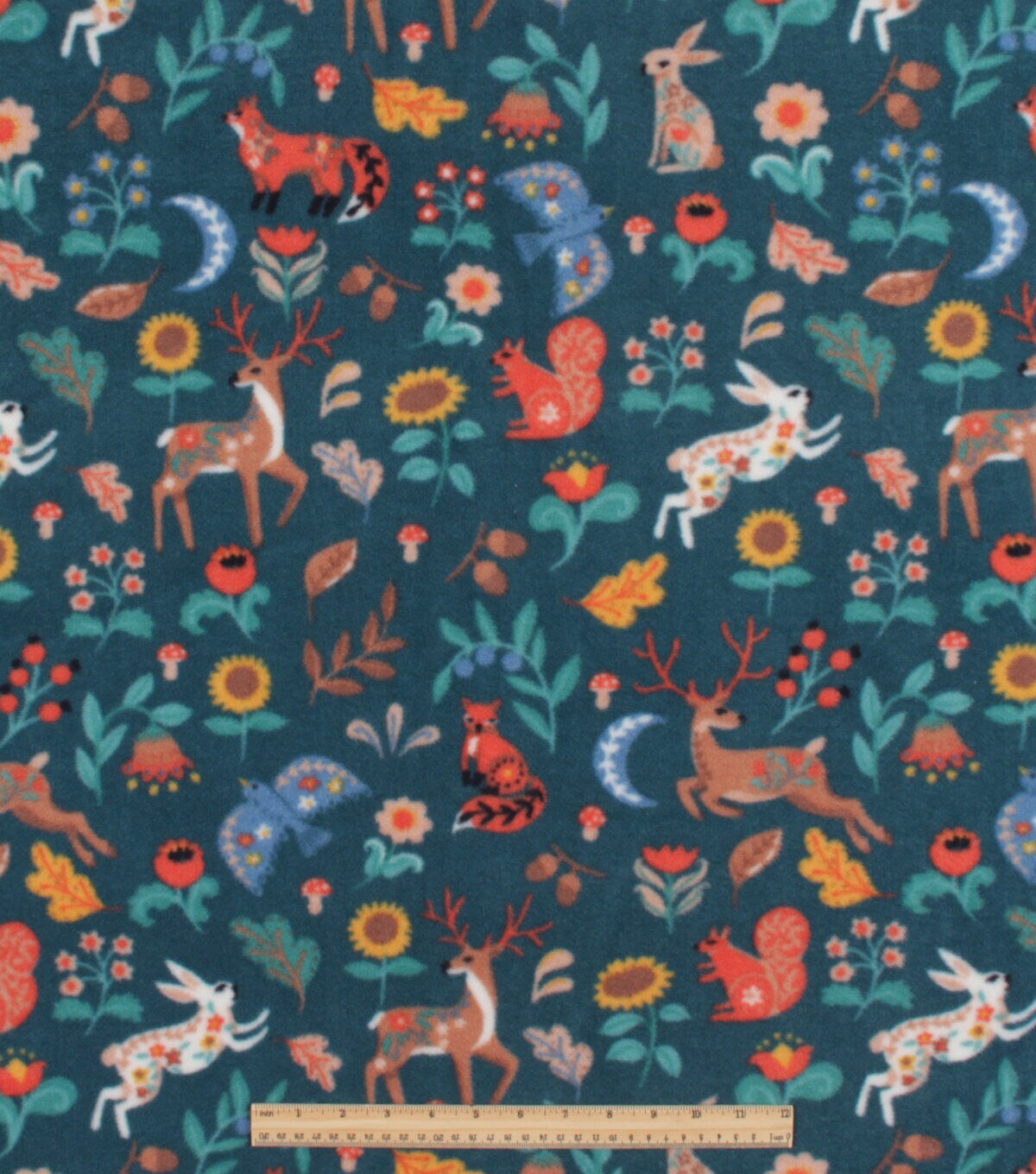 Folk Woodland Animals on Teal Anti Pill Fleece Fabric