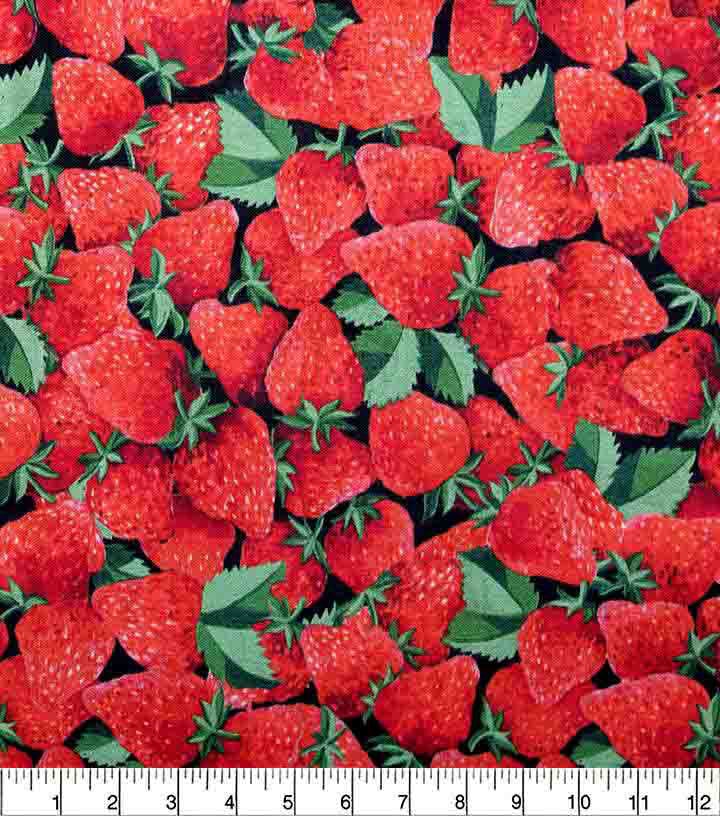 Picked Strawberries On Black Novelty Cotton Fabric